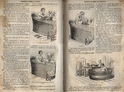 Kylpyeleet - Hygienia 1800-luvulla - mies kylpyammeessa - kaiverrus "La Sante Universelle - Guide Medical des Familles" 1852 tekijältä French School