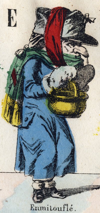 Kirjain E: Wrap (Turkisten ja kankaiden kääre pitääksesi lämpimänä). Kaiverrus "" Sarjakuvaaakkosiin"". Uusi Epinal kuvantaminen. Litografia Pinot et Sagaire, toimittajat, 1860-1888. Kilpi nro 491, jossa 25 valaistua kirjainta. Mitat: 40,5 x 28 cm. Yksityi tekijältä French School