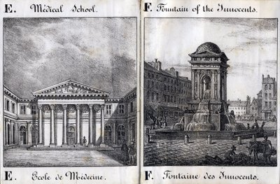 Kirjain E ja F: Lääketieteellinen koulu ja viattomien lähde - "Alphabet Picturesque des Monumens de Paris" n. 1840 (kaiverrus) tekijältä French School