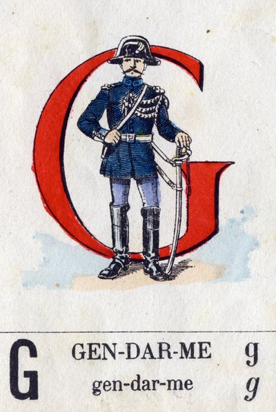 Kirjain G konstaapeliksi. Sotilaallinen aakkoset. Kuvaus Epinalista, noin 1870-1880. Stensiiliväriset puupiirrokset tekijältä French School