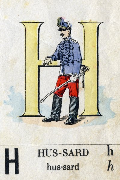 H-kirjain hussarina. Sotilaallinen aakkoset. Kuvaus Epinalista, noin 1870-1880. Stensiiliväriset puupiirrokset tekijältä French School