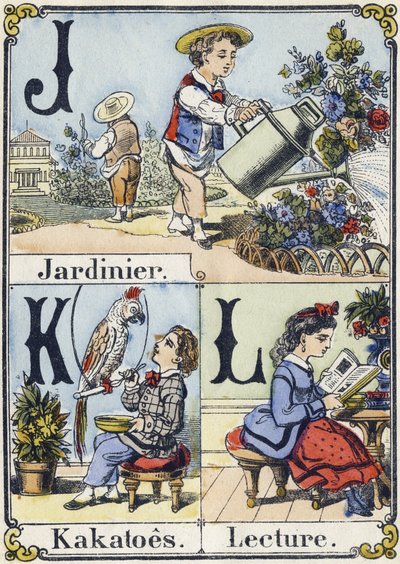 Kirjain J, K ja L: puutarhuri, kakatot ja lukeminen. Luova aakkoset. Epinaalinen kuvantaminen. Stenciloidut puukaiverrukset, n. 1880. Pieni 16-sivuinen vihko tekijältä French School