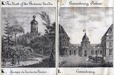 Kirjain K Jardin des Plantesin ja L Palais du Luxembourgin kioski - "Alphabet Picturesque des Monumens de Paris" n. 1840 (kaiverrus) tekijältä French School