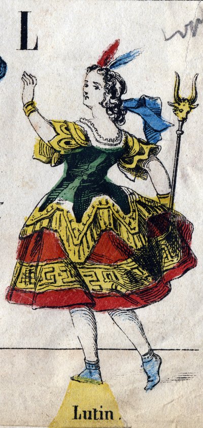 L-kirjain: Leprechaun. Kaiverrus "Alphabet-naamio". Uusi Epinal kuvantaminen. Painatus-litografia Pinot et Sagaire, toimittajat, Epinal, 1800-luvun toinen puoli. Kilpi Ná 491, jossa 25 valaistua kirjainta. Mitat: 40,5 x 28 cm tekijältä French School