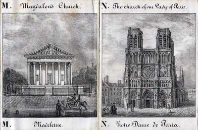 Kirjain M Madeleine ja N Notre-Dame de Paris (Notre Dame de Paris) - "Alphabet Picturesque des Monumens de Paris" n. 1840 (kaiverrus) tekijältä French School