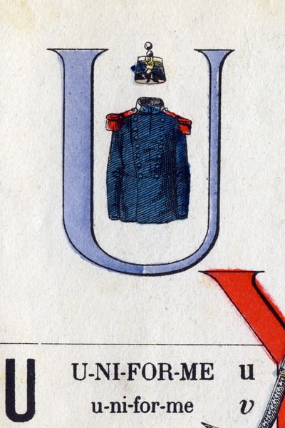 U-kirjain yhtenäisenä. Sotilaallinen aakkoset. Kuvaus Epinalista, noin 1870-1880. Stensiiliväriset puupiirrokset tekijältä French School