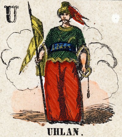 Kirjain U kuten Uhlan. Pieni tietosanakirja aakkoset. Kuvaus Epinalista, noin 1860. Puukaiverrus, stenciloitu kullauksella. Mitat: 37,8 x 50,3 cm. Yksityinen kokoelma tekijältä French School