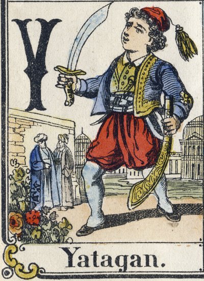 Y-kirjain: Yatagan. Luova aakkoset. Epinaalinen kuvantaminen. Stenciloidut puukaiverrukset, n. 1880. Pieni vihko, 16 sivua tekijältä French School