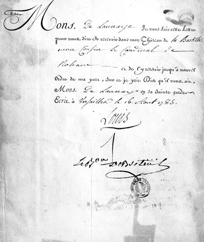 Kirje Carhelilta, allekirjoittanut paroni Louis de Breteuil ja jossa määrätään kardinaali de Rohanin vangitsemiseen "The Affair of the Diamond Necklace" -asiassa, 26. elokuuta 1785 (muste paperille) tekijältä French School