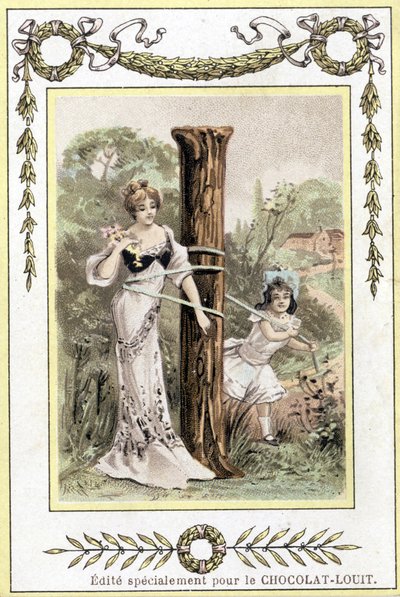 Kirje, joka edustaa soittavaa äitiä ja tytärtä, 1800-luvun loppu (kromolitografia) tekijältä French School