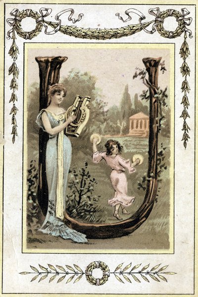 Kirje, joka esittää lyyraa soittavaa äitiä ja hänen tytärtään tanssimassa timpanilla, 1800-luvun loppu (kromolitografia) tekijältä French School