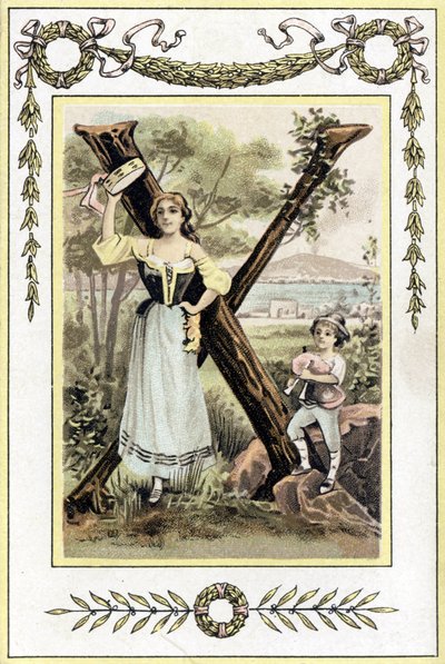 Kirje, joka esittää äitiä timpanilla ja hänen poikaansa säkkipillipaimenessa, 1800-luvun loppu (kromolitografia) tekijältä French School