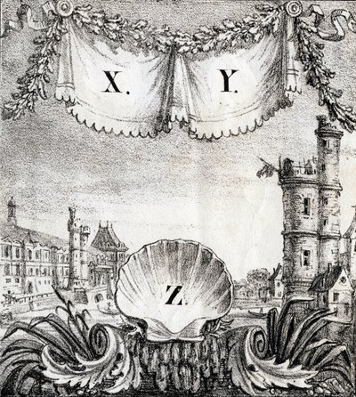 Kirjaimet X, Y ja Z: Pariisi vuonna 1500 - "Alphabet Picturesque des Monumens de Paris" noin 1840 (kaiverrus). tekijältä French School