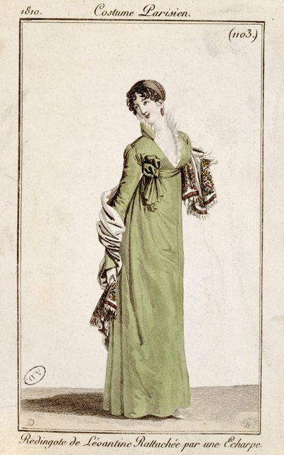 Levantine takki, joka kiinnitetään huivilla, muotilautanen Costume Parisien, 1810 tekijältä French School