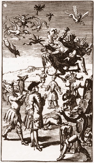 Demonien mielikuva, kaiverrus vuodelta 1710 Laurent Bordelonin (1653-1730) teokseen "Monsieur Ouflen ylenpalttisen mielikuvituksen tarina" tekijältä French School