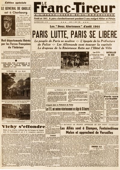 Pariisin vapauttaminen - FRANC TIROUR numero 38, 21. elokuuta 1944 - Pariisin taistelut, paris ce libere tekijältä French School