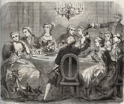 Libertinage: Christian VII (1749-1808), Tanskan ja Norjan kuningas tanssija Marie Madeleine Guimardin (1743-1816) järjestämän vapaapäivän aikana Pantinin talossaan. Kaiverrus vuodelta 1871 Henry de Kockin (1819-18) teokseen "Histoire Des Cocus Celebres" tekijältä French School