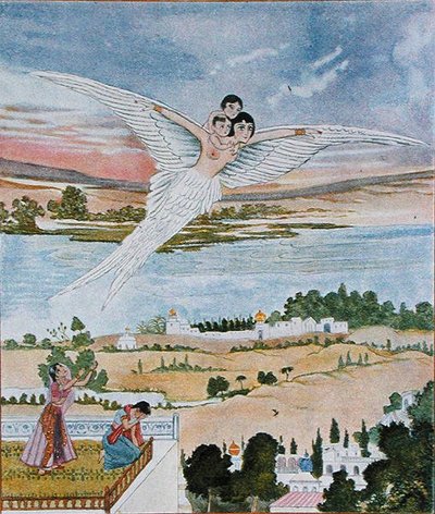 Kahden pienen nostaminen ilmaan, kuvitus elokuvasta Arabian Nights tekijältä French School