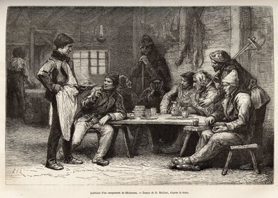 Woodcheron-leirin sisustus Ontariossa, kaiverrus D.Maillardin piirustuksen mukaan, joka havainnollistaa retkiä Kanadaan ja Northern Red Riveriin, H. De Lamotte, vuonna 1873, julkaistu "" Le world tour"" -lehdessä 1875 , editoi Edouard tekijältä French School