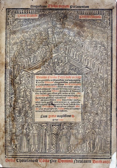 Oikeuskirjallisuus Toulousen parlamentissa teoksessa "De Tholosanorum Gestis", Nicolas Bertrand, Toulouse. tekijältä French School