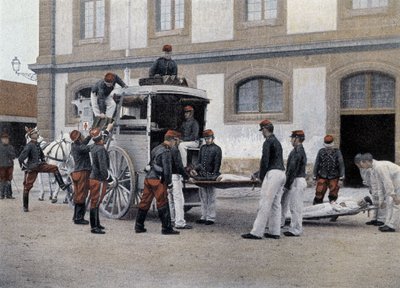 Haavoittuneiden lastaus ambulanssiin - "" Military Albumissa"" - Miehistön juna tekijältä French School