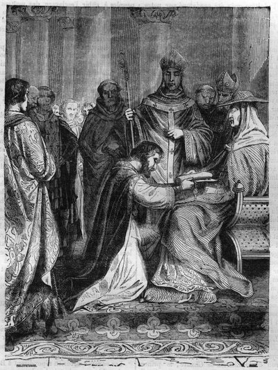 Lotharia I (795-855) paavi Adrianus II:n (792-872) jaloissa. Kaiverrus Maurice Lachatren teokseen "Paavien-kuninkaiden-kuningattaren ja keisarien historia vuosisatojen ajan" tekijältä French School