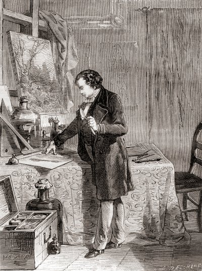 Louis-Jacques-Mandé Daguerre keksii daguerrotyyppisen valokuvausmenetelmän 1800-luvulla, julkaisusta Les Merveilles de la Science, noin 1870 (kaiverrus). tekijältä French School