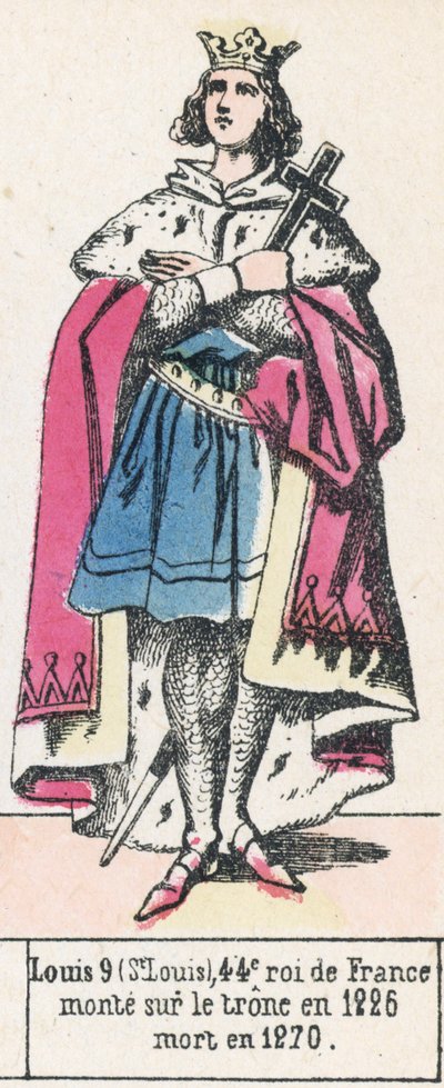 Louis 9 (St Louis), 44. Ranskan kuningas, nousi valtaistuimelle vuonna 1226, kuoli vuonna 1270 (värillinen kaiverrus) tekijältä French School