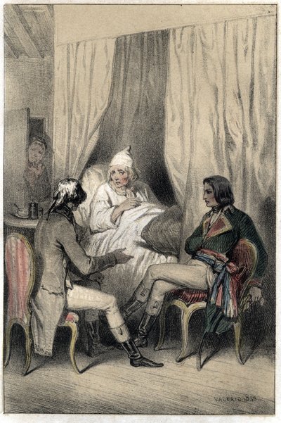 Louis Antoine Fauvelet de Bourienne (1769-1834), ranskalainen diplomaatti ja hallintovirkailija, ja kenraali Napoleon Bonaparte (1769-1821) pyysivät sairaalta vanhalta kapitalistilta rahaa Italian kampanjaan. Levy otettu kaiverruksesta "" Scenes de la vie  tekijältä French School