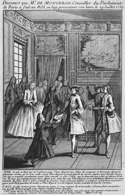 Louis Basile Carre de Montgeron tarjoaa kirjansa diakoni Francois de Parisista ja Saint-Medardin kouristuksia kuningas Ludvig XV, 1737 tekijältä French School