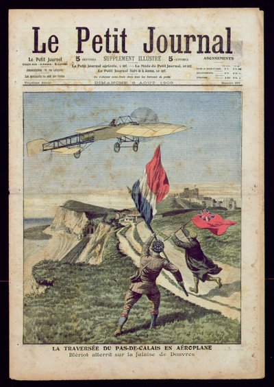 Louis Bleriot (1872-1936) laskeutui Doveriin, "Le Petit Journal", 8. elokuuta 1909 (värillinen kaiverrus) tekijältä French School