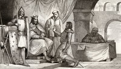 Ludvig II (848-79) Stammerer vastaanottaa uskollisuudenvalan aateliselta, Colartin "Histoire de France", julkaistu noin vuonna 1840. tekijältä French School