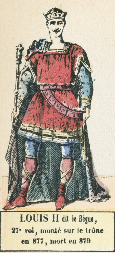 Louis II dit le Begue, 27. kuningas, nousi valtaistuimelle vuonna 877, kuoli vuonna 879 (värillinen kaiverrus) tekijältä French School