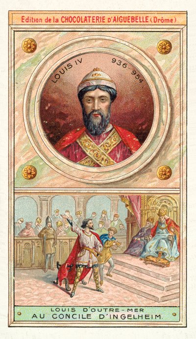 Ludvig IV Ranskan Ingelheimin kirkolliskokouksessa, 948 (chromolitho) tekijältä French School