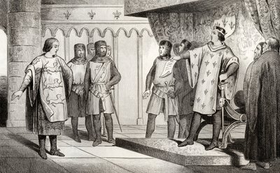 Louis VIII (1187-1226) leijona vastaanottaa lähettilään Englannin viholliselta Henrik III:lta (1207-72), Colartin "Histoire de France" -teoksesta, julkaistu noin 1840 tekijältä French School