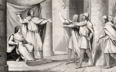 Ludvig V (967-87) Loafer näyttää kruunuaan seuraajilleen Colartin teoksesta "Histoire de France", julkaistu n. 1840 tekijältä French School