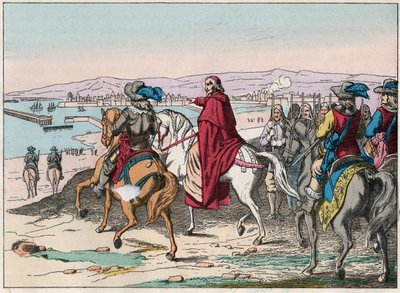 Ludvig XIII (1601-1643) ja kardinaali Richelieu La Rochellen kotipaikalla, protestanttien asettama lokakuussa 1628 - kardinaali de Richelieu ja Louis XIII (1602-43) La Rochellen piirityksessä lokakuussa 1628 - kaiverrus 1800-luvun lopulla tekijältä French School