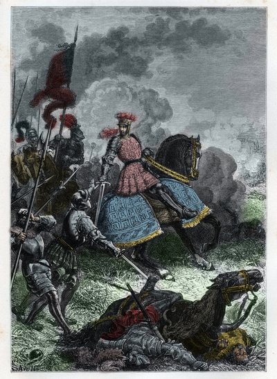 Ludvig XII Agnadelin taistelussa lähellä Cremaa Lombardiassa, jonka kuningas voitti venitialaisista 14. toukokuuta 1509 - Agnadellon taistelu - Ranskan Ludvig XII voitti venetsialaiset - kaiverrus kirjasta "" L