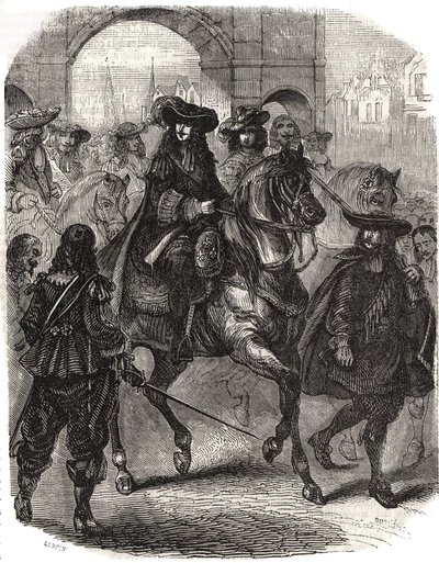 Louis XIV (1638-1715) ja hänen vaimonsa Marie Therese (Marie-Therese) Itävaltalainen (1638-1683) saapuivat Pariisiin vuonna 1660. Kaiverrus "" Histoire de France" -kirjoitukseen L.-P. Anguetil tekijältä French School