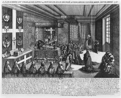 Ludvig XIV (1638-1715) kuolinvuoteellaan Versaillesissa, 1. syyskuuta 1715 tekijältä French School
