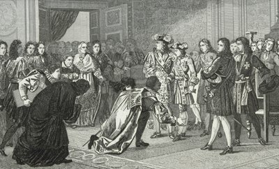 Ludvig XIV (1638-1715) aurinkokuningas esittelee pojanpoikansa Philippe V:n (1683-1746) Espanjan lähettiläille Colartin teoksesta "Histoire de France", julkaistu noin 1840. tekijältä French School