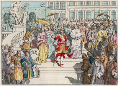 Ludvig XIV (Louis 14) ja hänen hovinsa Versaillesissa - Ranskan Ludvig XIV ja hänen hovissaan Versaillesissa - Kaiverrus 1800-luvun lopusta "" Nos Gires Nationales - Images et recits"" tekijältä French School