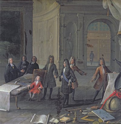 Ludvig XIV osallistui pojanpoikansa, tulevan Ludvig XV:n, oppitunnille, n. 1715 tekijältä French School