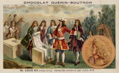 Ludvig XIV Ranskan valvomassa Versaillesin palatsin (chromolitho) rakentamista tekijältä French School