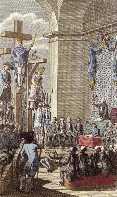 Ludvig XVI (1754-93) oikeudenkäynnissä, ristiinnaulittu aateliston ja papiston väliin, n. 1792 tekijältä French School
