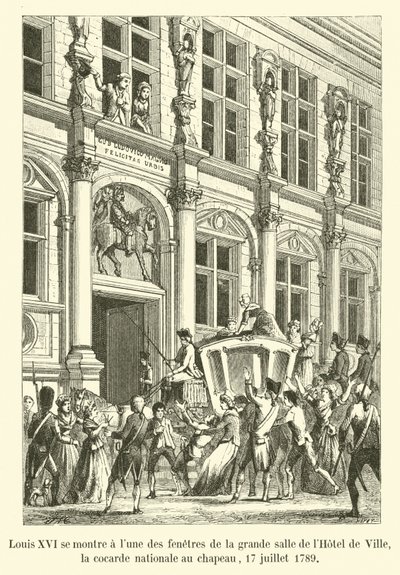 Ludvig XVI näyttää itseään kuun Hôtel de Villen suuren salin ikkunoista, kansalliskokarda hatussa, 17. heinäkuuta 1789 tekijältä French School