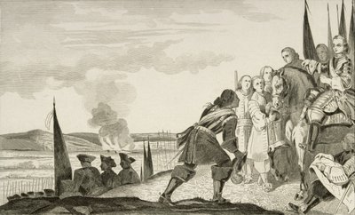 Ludvig XV (1710-74) Fontenoin taistelussa vuonna 1745 Colartin teoksesta "Histoire de France", julkaistu n. 1840 (kaiverrus) tekijältä French School