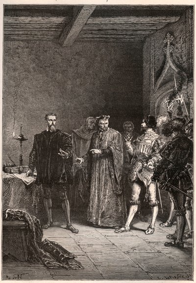 Louis de Berquin (1485-1529), ritari ja humanisti, uskonnollinen uudistaja, Jean de la Barren (1523-1533) vapauttama prevot de Paris - Louis de Berquin (vasemmalla) vapautettiin vankilasta John de la Barren toimesta - kaiverrus kirjasta "" Ranskan historia tekijältä French School