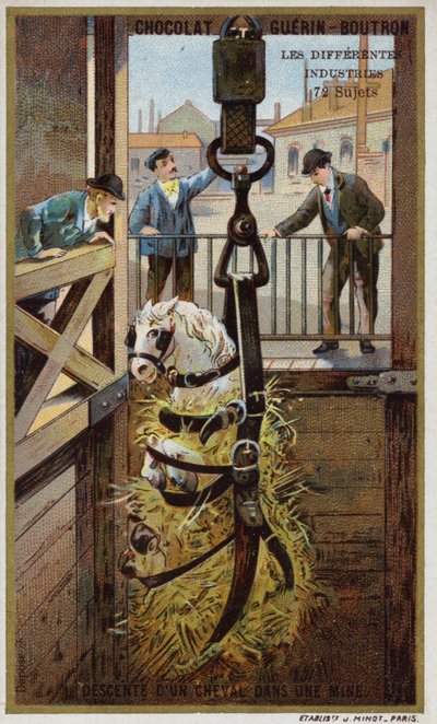 Hevosen laskeminen kaivokseen (chromolitho) tekijältä French School