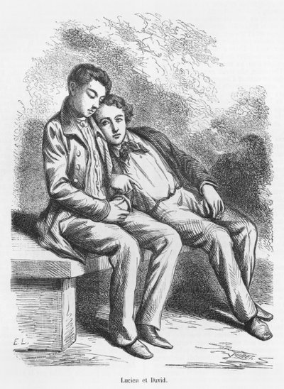 Lucien de Rubempre ja David Sechard, kuvitus Honore de Balzacin teoksesta "Les Illusions perdues" tekijältä French School
